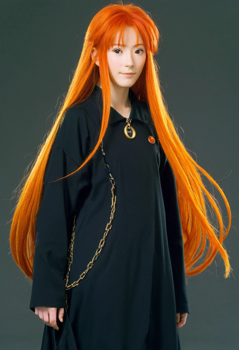 A Ghibli's studio character. With very long orange hair and dark large clothes. Her head is decorate with a chain