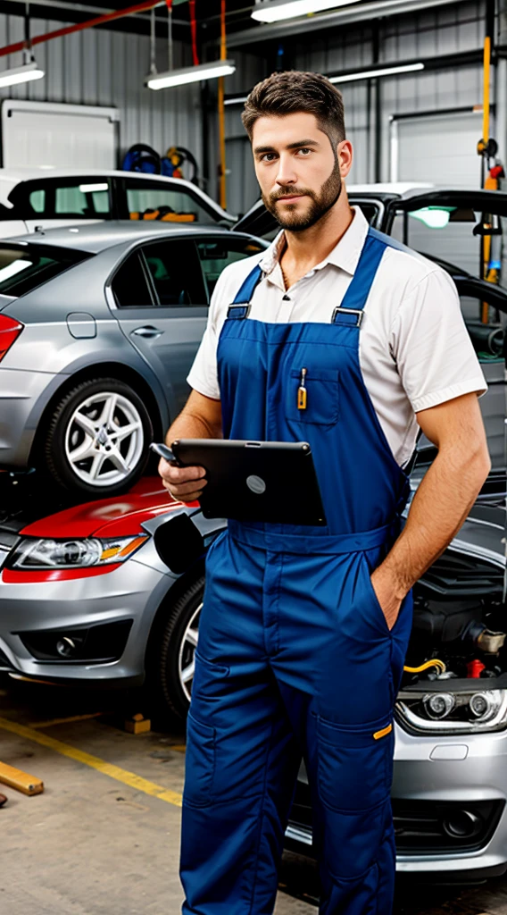 mechanic man, with a short beard in a workshop, next to a car, using a tablet, realistic
