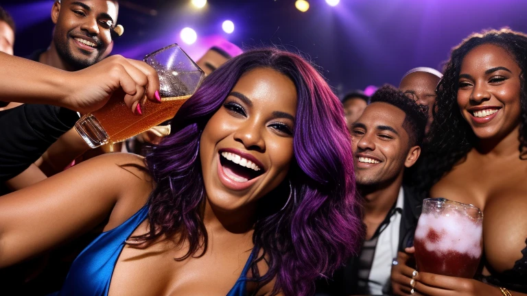 Imagem  A mesma Cabelo: Liso e solto, metade roxo e metade preto.
 jovem em um ambiente de festa, cercada por amigos e admiradores. She's at the center of attention, com um sorriso confiante. She holds a glass of drink and appears to be having fun without any worries. The men around her are clearly interested in her, with expressions of fascination and adoration. The atmosphere is lively, with flashing lights and loud music