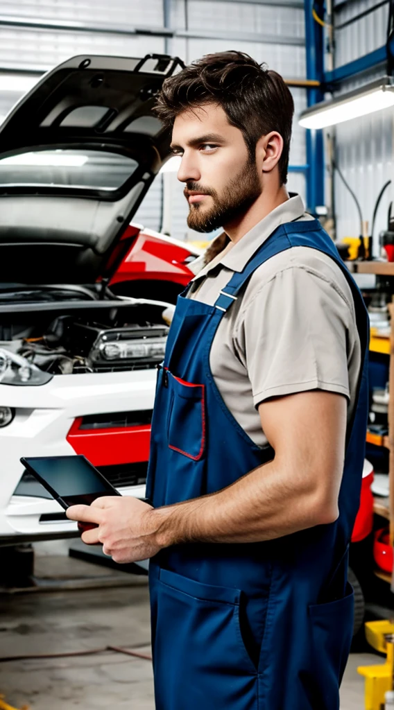 mechanic man, with a short beard in a workshop, next to a car, using a tablet