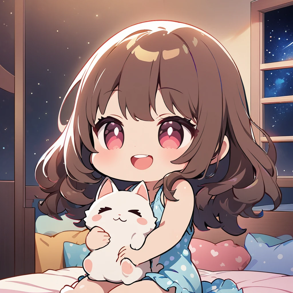 masterpiece、highest quality、Depth of subject、２D illustration、1 beautiful girl、solo, (((chibi style)))、cute chibi, lovely chibi, ((night)), ((window)), ((starry sky)), Long, beautiful hair、Shiny chestnut hair、cute、Beautifully detailed eyeini skirt))、((colorful))、Tank top、((happy smile))、sitting on bed, ((close up shot))、((Holding a kitten)), ((in the room))、((There&#39;s a lot of pink around))、((bed))、Thighs、((vivid color))、sparkle、((Lens flare))、