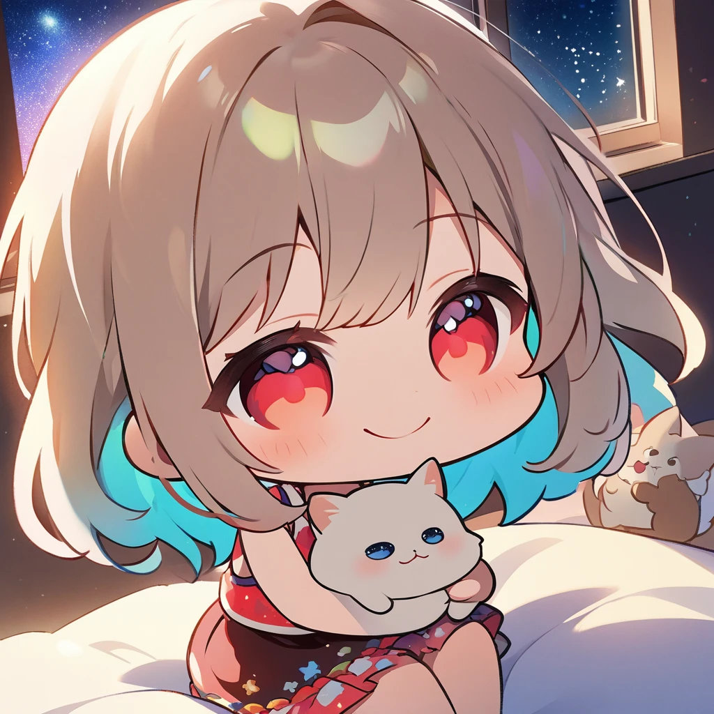 masterpiece、highest quality、Depth of subject、2D illustration、1 beautiful girl、solo, (((chibi style)))、cute chibi, lovely chibi, ((night)), ((window)), ((starry sky)), Long, beautiful hair、Shiny chestnut hair、cute、Beautifully detailed eyeini skirt))、((colorful))、Tank top、((happy smile))、sitting on bed, ((close up shot))、((Holding a kitten)), ((in the room))、((There's a lot of pink around))、((bed))、Thighs、((vivid color))、sparkle、((Lens flare))、