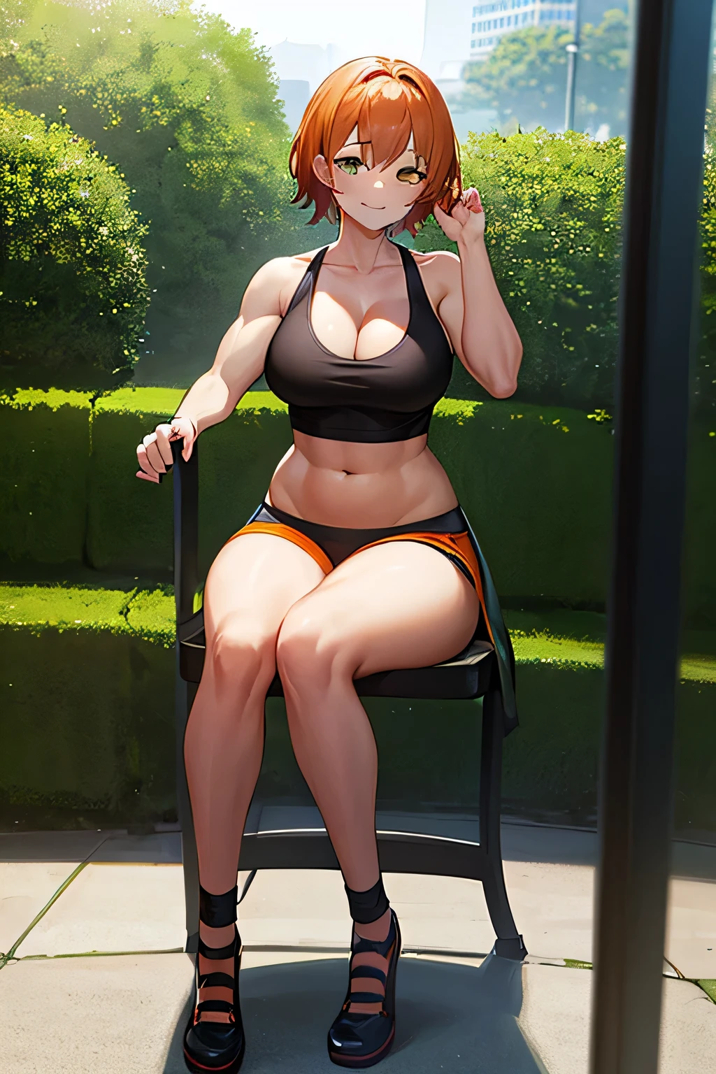 1girl, short orange hair, black-green eyes, tank top orange, blue shorts, black footwear, deep cleavage, large breasts, outside, sunny day, realistic, glowing eyes, full body, navel, muscular girl, thigh, 18th years old, big muscle, smile, chubby, girl, sexy, sitting on a floor, eating sandwich, low table, crossed legs