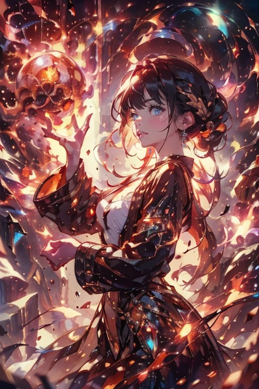 1girl,solo,cute,wizard,robe,cleavage,hold a fireball,red fireball on each hands,around fire aura,perfect hands,perfect finger,explosionmagic,glowing aura