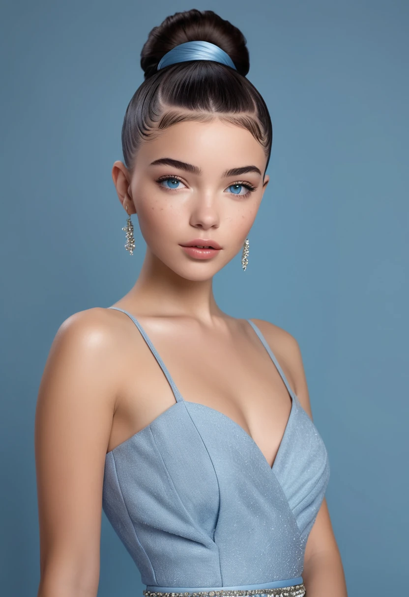 very beautiful, A young woman who is well taken care of, with clean skin, normal function, beautiful lips, And a slight smile on her face. beautiful shape, modern clothes, A chic, modern couture dress.. presentation background, medium gray blue, in virtual space. Highest quality, 16,000.. Full HD, Movie rendering. create art, Channeling the unique beauty of Michaela.., Famous digital influencers. Focus on her unique facial expressions., When she looks directly at the camera., Trying to capture the intensity of her piercing blue eyes.. Channel her signature style with this Spanish hairstyle.., Style your hair with two intricately crafted hairpieces... Add details, It reflects her charming and innovative personality... We take care of that., To convey an aura of modernity and originality., Which is how Lil Miquela looks in the digital world.. ., There are some freckles and nevi., and short hair, wrap