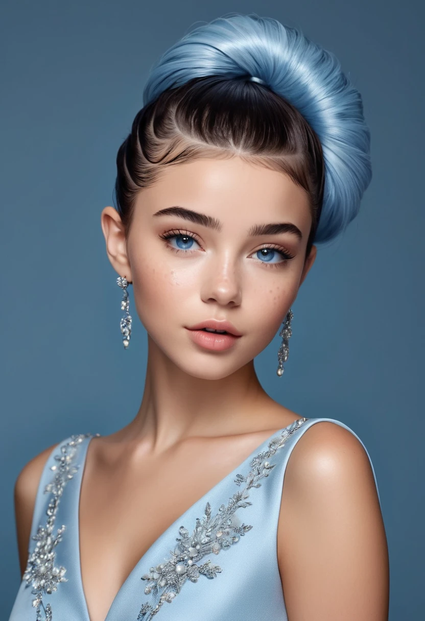 very beautiful, A young woman who is well taken care of, with clean skin, normal function, beautiful lips, And a slight smile on her face. beautiful shape, modern clothes, A chic, modern couture dress.. presentation background, medium gray blue, in virtual space. Highest quality, 16,000.. Full HD, Movie rendering. create art, Channeling the unique beauty of baby Michaela.., Famous digital influencers. Focus on her unique facial expressions., When she looks directly at the camera., Trying to capture the intensity of her piercing blue eyes.. Channel her signature style with this Spanish hairstyle.., Style your hair with two intricately crafted hairpieces... Add details, It reflects her charming and innovative personality... We take care of that., To convey an aura of modernity and originality., Which is how Lil Miquela looks in the digital world.. ., There are some freckles and nevi., and short hair, wrap