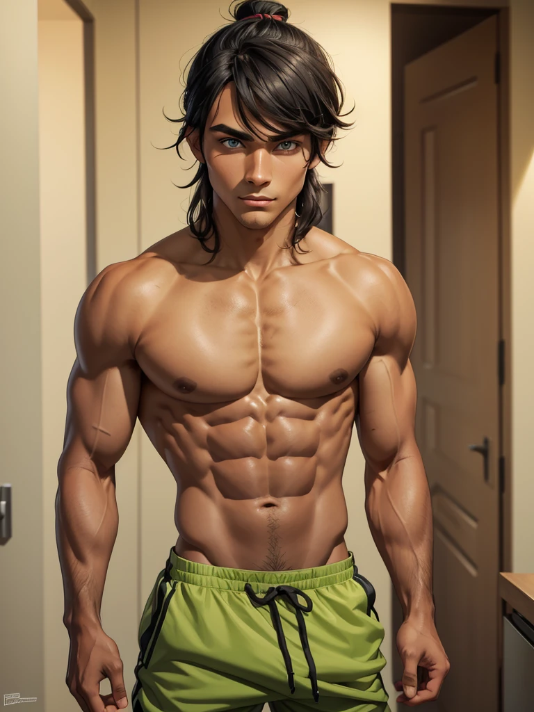 (best quality), 1boy, male, bronze skin, black hair, short hair, Man Bun, side swept bangs, long hair, green eyes, perfect eyes, tan lines, athletic, masterpiece, anatomically correct, highres