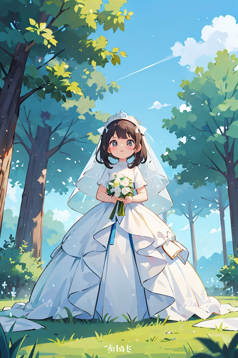 The background of the image above is a row of trees.、blue sky、Pure white wedding dress、front