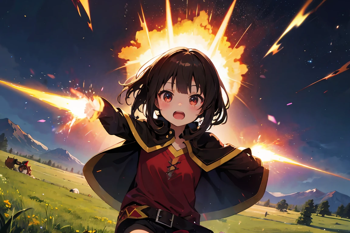 highest quality、masterpiece、cute、grassland、Cosmic background、Explosion Magic、Megumin