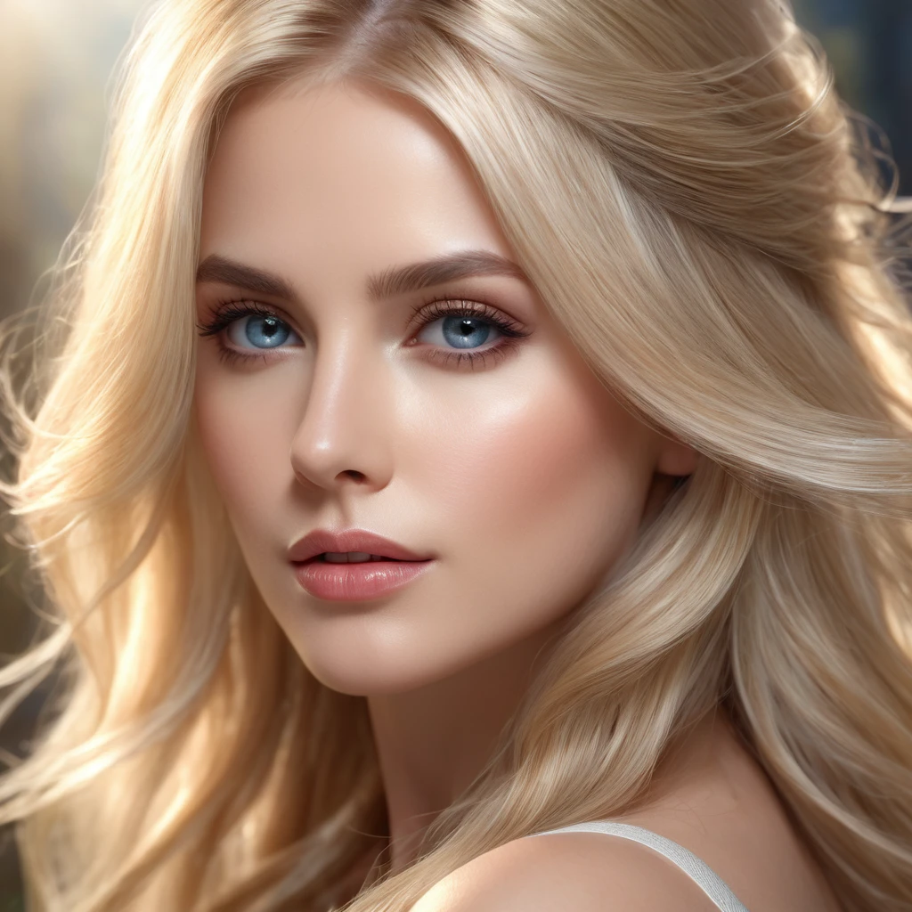 a blond woman, long flowing hair, serene expression, elegant pose, beautiful detailed eyes, beautiful detailed lips, ultra-detailed, (best quality,4k,8k,highres,masterpiece:1.2),ultra-detailed,(realistic,photorealistic,photo-realistic:1.37),dramatic lighting, cinematic atmosphere, ethereal, dreamlike, fantasy, mystical, glowing skin, natural beauty