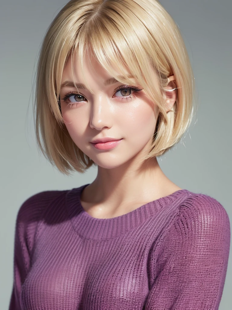(masterpiece, Best image quality, high quality, High resolution, Realistic:1.2), (Bright lighting, Professional Lighting), (Portraiture, One Woman, Beautiful woman), (Realistic Skin, Fine skin, Beautiful Skin), (Blonde Hair, short hair, middle part:1.3), (Eyelash extensions, Draw eyelashes sharply), (Hidden eyelid wrinkles:1.3), (fine grain, length, Narrow eyes, iris, Your eyes are shining, How to draw eyes carefully), ((Looking down:1.2), Observe the audience, Sharp eyes, hot gaze), (Embarrassing, Slightly red cheeks, smile:1.2), (Lean upper body, Toned body like an athlete:1.2), (A lightweight sweater in Japanese spring colors, Clothes fit snugly:1.3)
