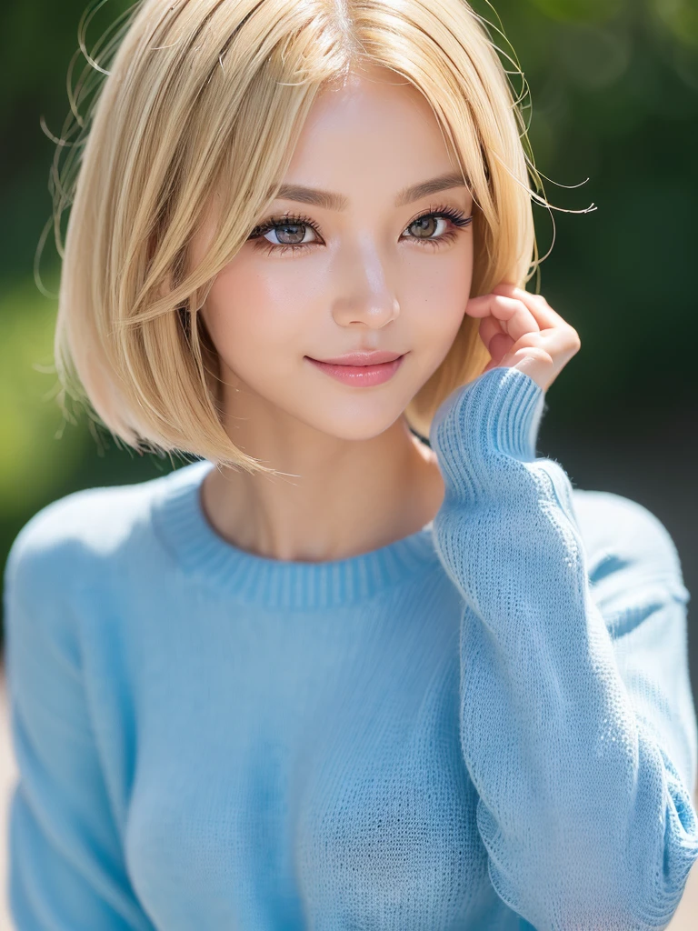 (masterpiece, Best image quality, high quality, High resolution, Realistic:1.2), (Bright lighting, Professional Lighting), (Portraiture, One Woman, Beautiful woman), (Realistic Skin, Fine skin, Beautiful Skin), (Blonde Hair, short hair, middle part:1.3), (Eyelash extensions, Draw eyelashes sharply), (Hidden eyelid wrinkles:1.3), (fine grain, length, Narrow eyes, iris, Your eyes are shining, How to draw eyes carefully), ((Looking down:1.2), Observe the audience, Sharp eyes, hot gaze), (Embarrassing, Slightly red cheeks, smile:1.2), (Lean upper body, Toned body like an athlete:1.2), (A lightweight sweater in Japanese spring colors, Clothes fit snugly:1.3)