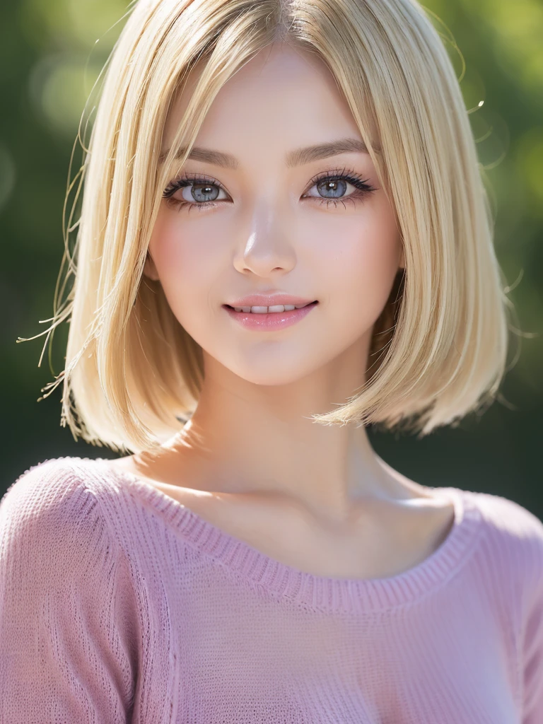 (masterpiece, Best image quality, high quality, High resolution, Realistic:1.2), (Bright lighting, Professional Lighting), (Portraiture, One Woman, Beautiful woman), (Realistic Skin, Fine skin, Beautiful Skin), (Blonde Hair, short hair, middle part:1.3), (Eyelash extensions, Draw eyelashes sharply), (Hidden eyelid wrinkles:1.3), (fine grain, length, Narrow eyes, iris, Your eyes are shining, How to draw eyes carefully), ((Looking down:1.2), Observe the audience, Sharp eyes, hot gaze), (Embarrassing, Slightly red cheeks, smile:1.2), (Lean upper body, Toned body like an athlete:1.2), (A lightweight sweater in Japanese spring colors, Clothes fit snugly:1.3)