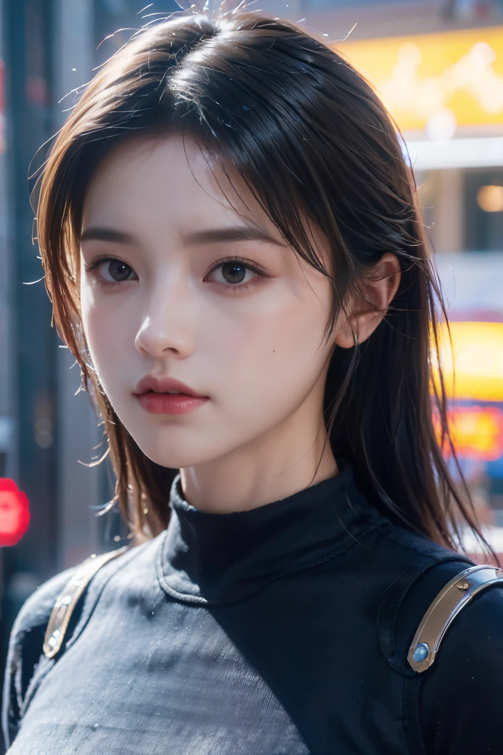 game art，best picture quality，highest resolution，8K，((Bust Photo))，((portrait))，(rule of thirds)，Unreal Engine 5 Rendering Tasks， (future girl)，(female warrior)，22 year old girl，(hair random)，(Beautiful eyes full of details)，(big bust)，(eye shadow)，elegant and attractive，laugh，(frown)，(Clothes full of futuristic sci-fi style，sweater，delicate pattern，Shining gemstones，Armor，white and red)，cyberpunk character，futuristic style， Photo Pose，street background，movie lights，ray tracing，game CG，((3D Unreal Engine))，OC rendering reflection pattern