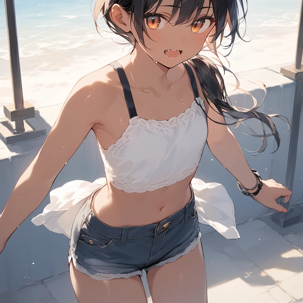 score_9, score_8_up, score_7_up, source_anime, best quality, masterpiece,official art, absurdres, highres, waifu2x,Collection: Slice of Life,break,1girl, tomboy, dark-skinned female, short hair, low ponytail, flat chest, beautiful detailed eyes, short shorts, sweat, open mouth, (yawn:0.3), sleepily, outdoors, wind, break,(clear line illustration:1.2),very high resolution, very aesthetic, super detailed skin, Best sexual lighting powered by famous artist, 8k,cute picture,beauty illustration,photoshop_(medium),,(Detailed Lighting)