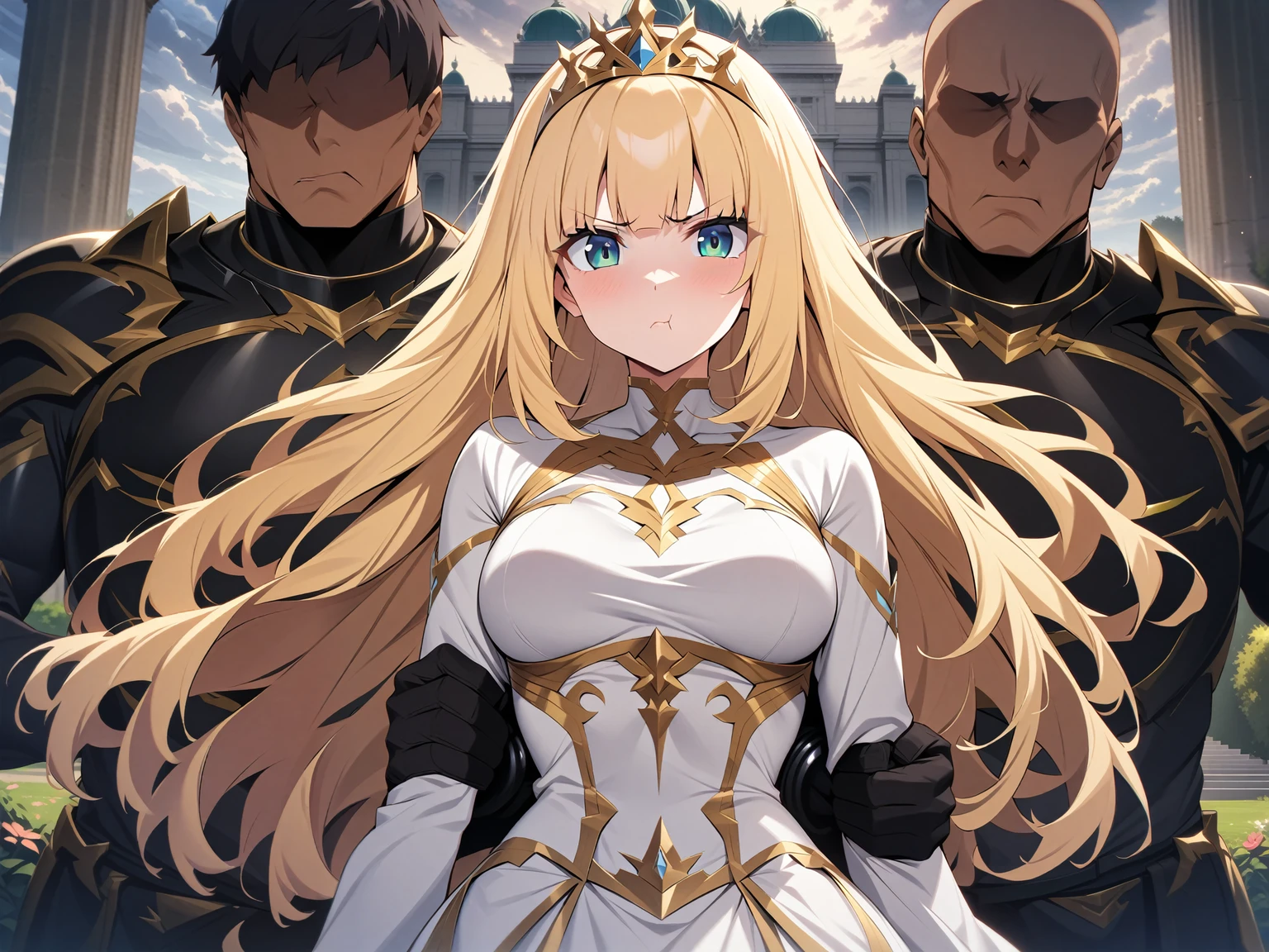 {{upper body, straight-on}} {{Artist: moisture_(chichi)}} 1 woman, 2 guards on either side restraining her, 2 men wearing armor, mature female, elegant, princess, medium breasts, golden hair, straight hair, long hair, hime cut, green eyes, white dress, gold trim, tiara, looking at viewer, pout, restrained by two men, faceless male, outdoors, garden, palace, cloudy, moonlight, window.
