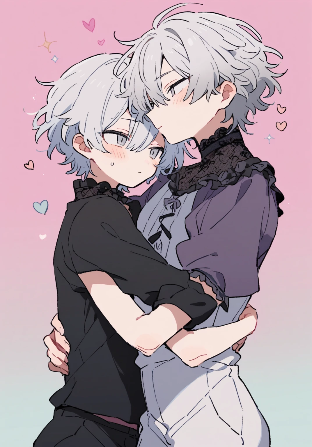 tegaki chibi 2boys pastel colors gradient flat chest yaoi gay boys love gothic rose white hair silver hair gray eyes aesthetic hug