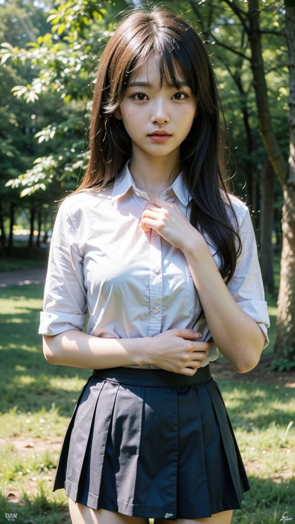 (masterpiece, best quality:1.2), (8k, uhd, ultra high res), professional lighting, (super intricate all details), (super realistic all textures), realistic photo, ultra sharp photo result, superrealism, Lakeside park with sunlight shining through the trees, (school uniform, shirt, skirt), japanese female, , , skinny body, flat chest, extremely beautiful face, super detailed face, super real skin, super detailed eyes