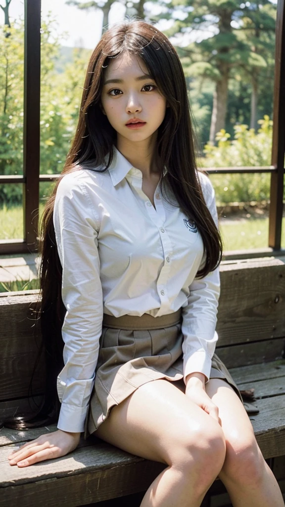 (masterpiece, best quality:1.2), (8k, uhd, ultra high res), professional lighting, (super intricate all details), (super realistic all textures), realistic photo, ultra sharp photo result, superrealism, Lakeside park with sunlight shining through the trees, (school uniform, shirt, skirt), japanese female, , , skinny body, flat chest, extremely beautiful face, super detailed face, super real skin, super detailed eyes