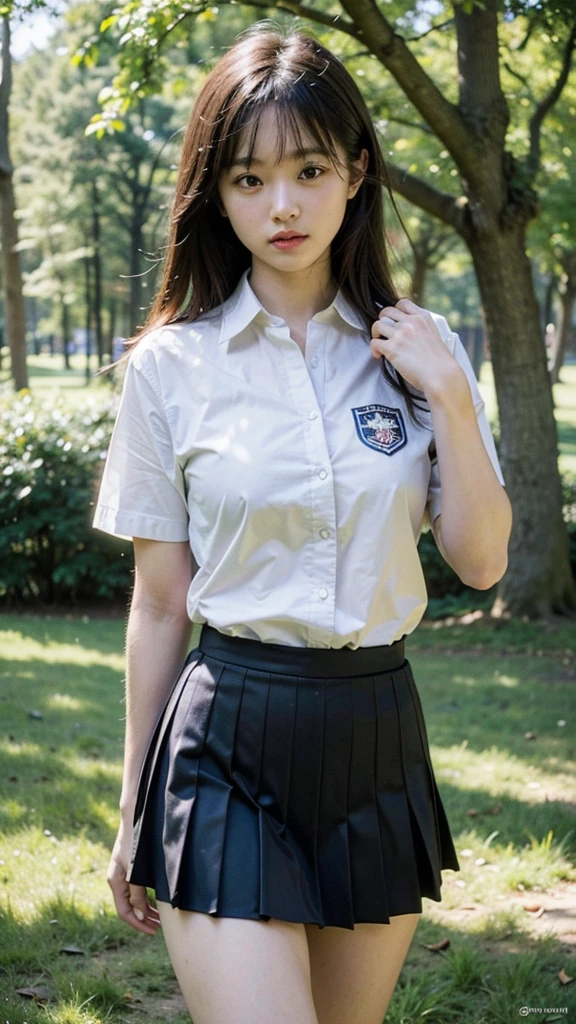 (masterpiece, best quality:1.2), (8k, uhd, ultra high res), professional lighting, (super intricate all details), (super realistic all textures), realistic photo, ultra sharp photo result, superrealism, Lakeside park with sunlight shining through the trees, (school uniform, shirt, skirt), japanese female, , , skinny body, flat chest, extremely beautiful face, super detailed face, super real skin, super detailed eyes