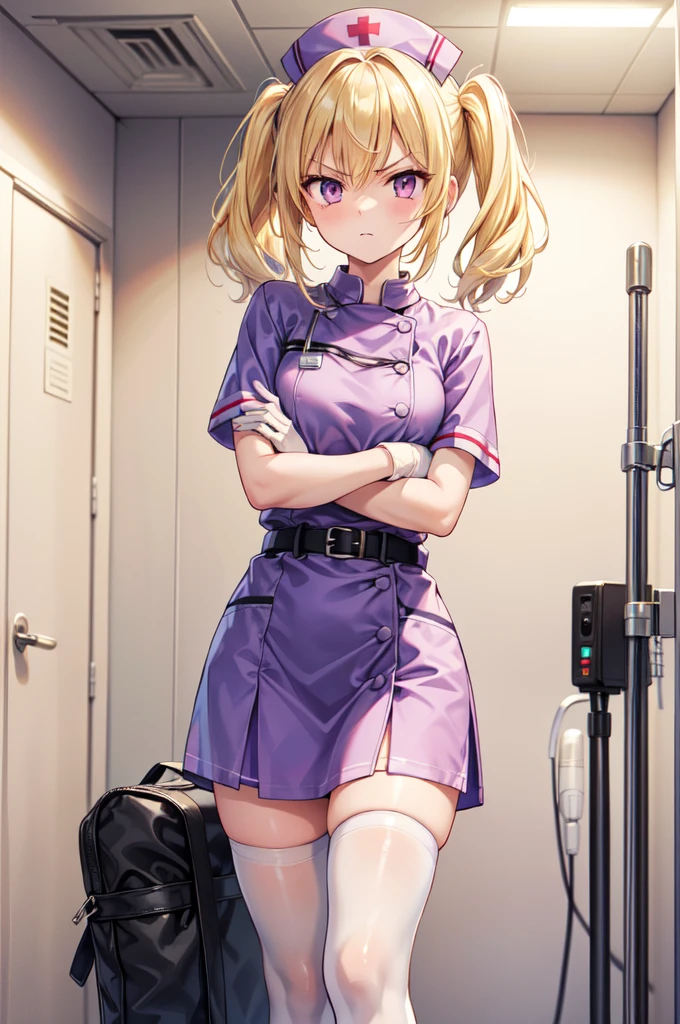 1girl, solo, nurse, nurse cap, white nurse uniform, ((white legwear, zettai ryouiki)), white gloves, twintails, yellow hair, purple eyes, angry, crossed arms, standing, ((hospital room)), sharp outline, short sleeves, best quality, masterpiece