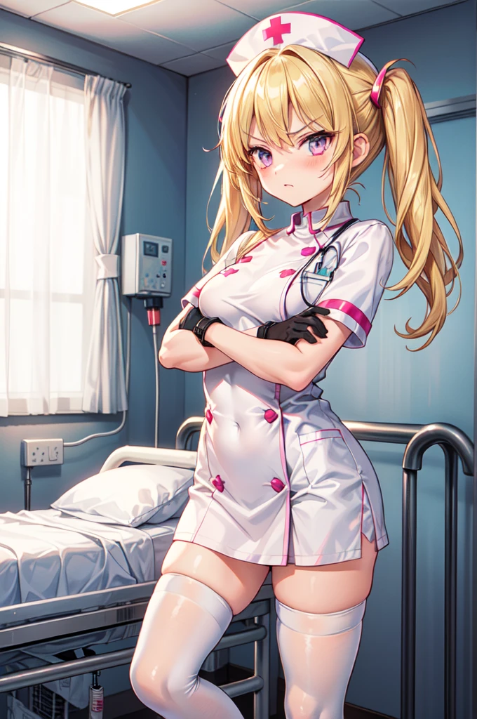 1girl, solo, nurse, nurse cap, white nurse uniform, ((white legwear, zettai ryouiki)), white gloves, twintails, yellow hair, purple eyes, angry, crossed arms, standing, ((hospital room)), sharp outline, short sleeves, best quality, masterpiece