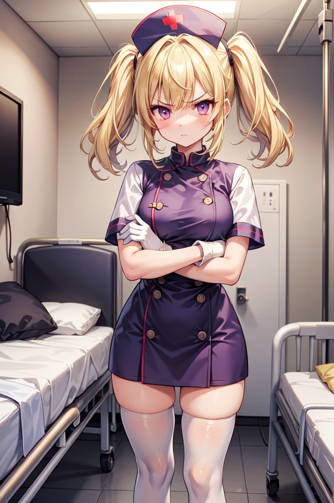 1girl, solo, nurse, nurse cap, white nurse uniform, ((white legwear, zettai ryouiki)), white gloves, twintails, yellow hair, purple eyes, angry, crossed arms, standing, ((hospital room)), sharp outline, short sleeves, best quality, masterpiece