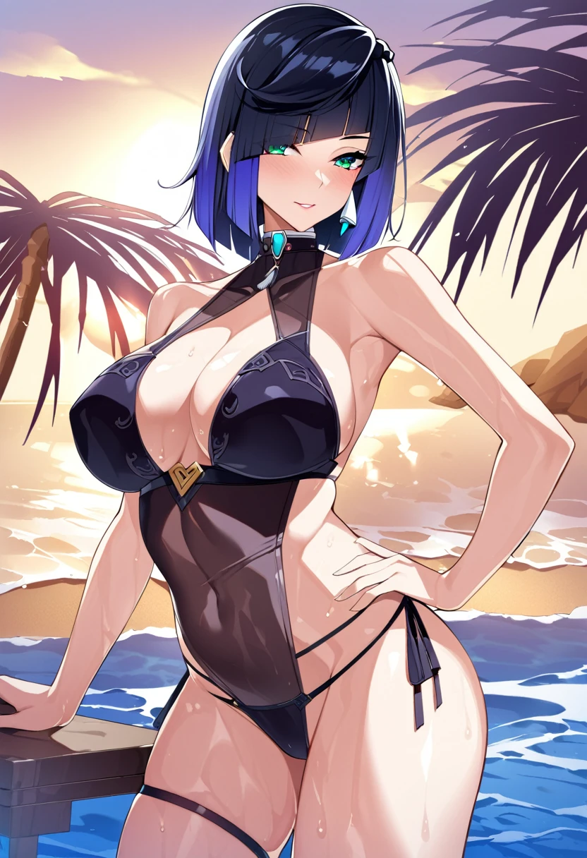 Yelan, black hair, bangs, Sexy, busty, Hot, beach, absurdres, thighs, big , cowboy shot, shiny skin, high quality, wet, lingerie