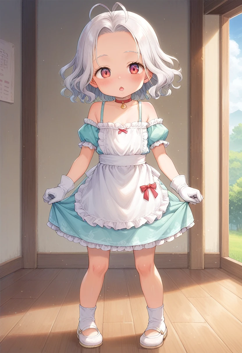 score_9, score_7_up, score_6_up, 1girl, source_cartoon, source_anime,breathtalking Scenery,watercolor,smooth soft skin, natural skin,
BREAK
(loli:1.5),(little female child:1.5),(forehead:1.2), excessive detailed forehead,6 yo, kawaii, baby face,(short white curly hair:1.1), (white hair:1.2), (chestnut mouth:1.2),antenna hair, red eyes,ultra cute face,(blush:1.1),1girl,open mouth,
BREAK
white gloves, red choker, frill, (white apron dress:1.1),off-shoulder, (red ribbon:0.8),full-face blush
BREAK
(indoors:1.3),In a secluded setting, surrounded by a dense forest, the bog lay hidden like a secret gem, its misty surface whispering tales of ancient times,full body,dynamicangle,dynamicpose,