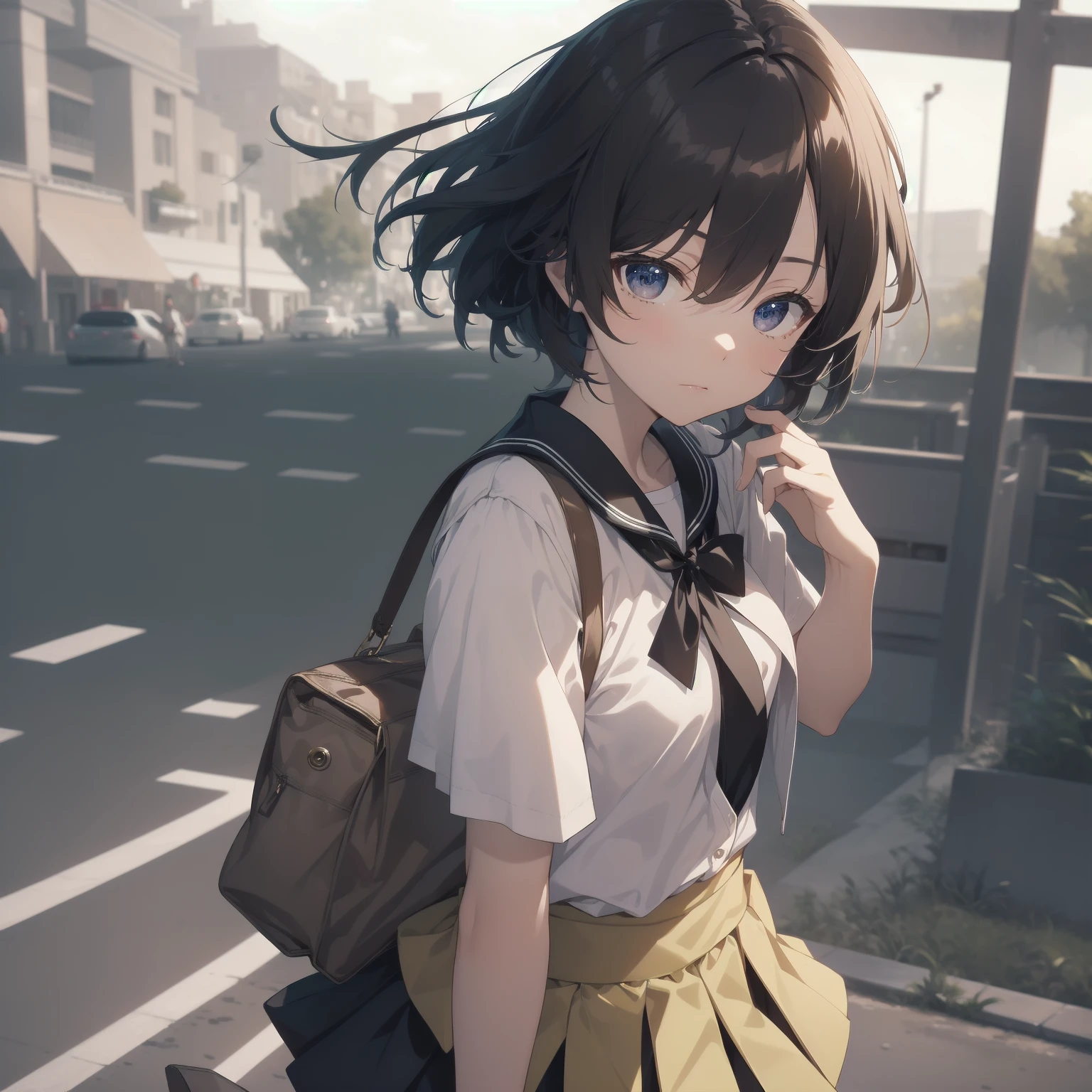ultra-absurdres-Top quality by artist God, ultra-detailed, high resolution, anime moe artstyle, best anime 8k konachan wallpaper, pixiv contest winner, pool:2810, perfect anatomy,break, 1girl, (Please draw a girl walking sleepily to school alone. )break,(Solo,little female, 13-year-old:1.3),Full limbs, complete fingers,a junior high school student, (very short hair), short cut, flat chest, , small butt, small black eyes, beautiful detailed eyes, well-proportioned iris and pupils, expressive eyes, highres detailed hair, soft expression, salor school_uniform, sailor collar, serahuku, bow, pleated skirt,(Detailed Lighting), (Detailed background), in the School commute route. break,super detailed skin, Best cinematic lighting powered by famous artist, 8k,beauty illustration,photoshop_(medium),very aesthetic,break,((artist:neocoill )), artist:clamp ,artist:carnelian ,artist:kantoku ,