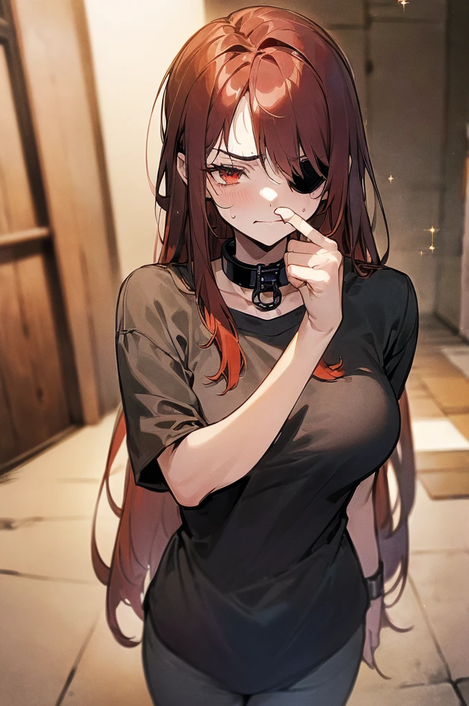 {masterpiece, distinct_image, extremely detailed CG, beautiful eyes and detailed face, 4k, 8k, high_resolution, perfect_finger, medieval style, (beautiful_detailed_eyes:1.3), glitter, no_light, dark_background{(miniboy, slave:1.3), face_focus,full body, looking for_in_viewer, standing},{(shota,slave:1.3) (tattered_very_big_gray T-shirt, no pants, {thick_gray_metal_collar:1.6}, black_right_eyepatch:1.5), (red_hair, red_eyes, long_hair, hair_over_one_eye, one_eye_covered_with_hair, asymmetrical_bangs:1.4), (tired_face, glaring, breathing:1.3), (Middle_Ages_prison_indoor:1.3)}}