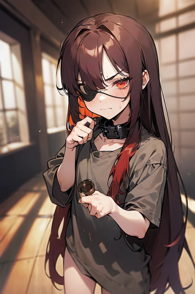 {masterpiece, distinct_image, extremely detailed CG, beautiful eyes and detailed face, 4k, 8k, high_resolution, perfect_finger, medieval style, (beautiful_detailed_eyes:1.3), glitter, no_light, dark_background{(miniboy, slave:1.3), face_focus,full body, looking for_in_viewer, standing},{(shota,slave:1.3) (tattered_very_big_gray T-shirt, no pants, {thick_gray_metal_collar:1.6}, black_right_eyepatch:1.5), (red_hair, red_eyes, long_hair, hair_over_one_eye, one_eye_covered_with_hair, asymmetrical_bangs:1.4), (tired_face, glaring, breathing:1.3), (Middle_Ages_prison_indoor:1.3)}}
