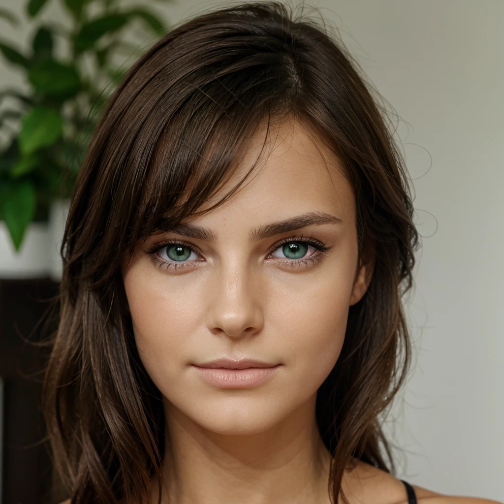 Brune, yeux verts, de face