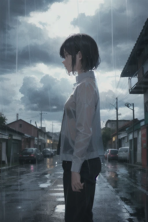 Lonely woman, branca, 26 anos, 1,60 metros de altura, olhos verdes ciano, cabelo longo ((Ruivo)). roupas escuras. (chuva forte). ((((sky with many rain clouds))) cidade antiga, (bairro residencial) luzes desfocadas. (profile view), (Night time), ( ano de 1900). (low lighting)