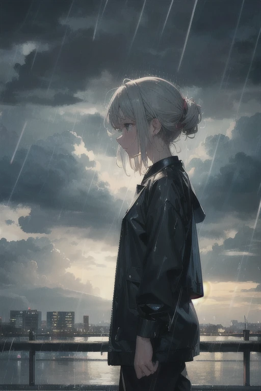 Lonely woman, branca, 26 anos, 1,60 metros de altura, olhos verdes ciano, cabelo longo ((Ruivo)). roupas escuras. (chuva forte). ((((sky with many rain clouds))) cidade antiga, (bairro residencial) luzes desfocadas. (profile view), (Night time), ( ano de 1900). (low lighting)