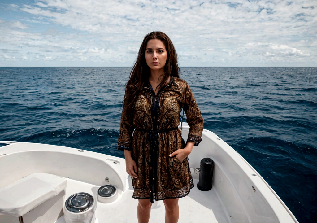 Realistic photography of a woman standing on front of a boat, in the ocean.