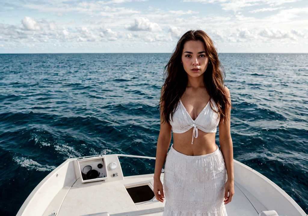 Realistic photography of a woman standing on front of a boat, in the ocean.