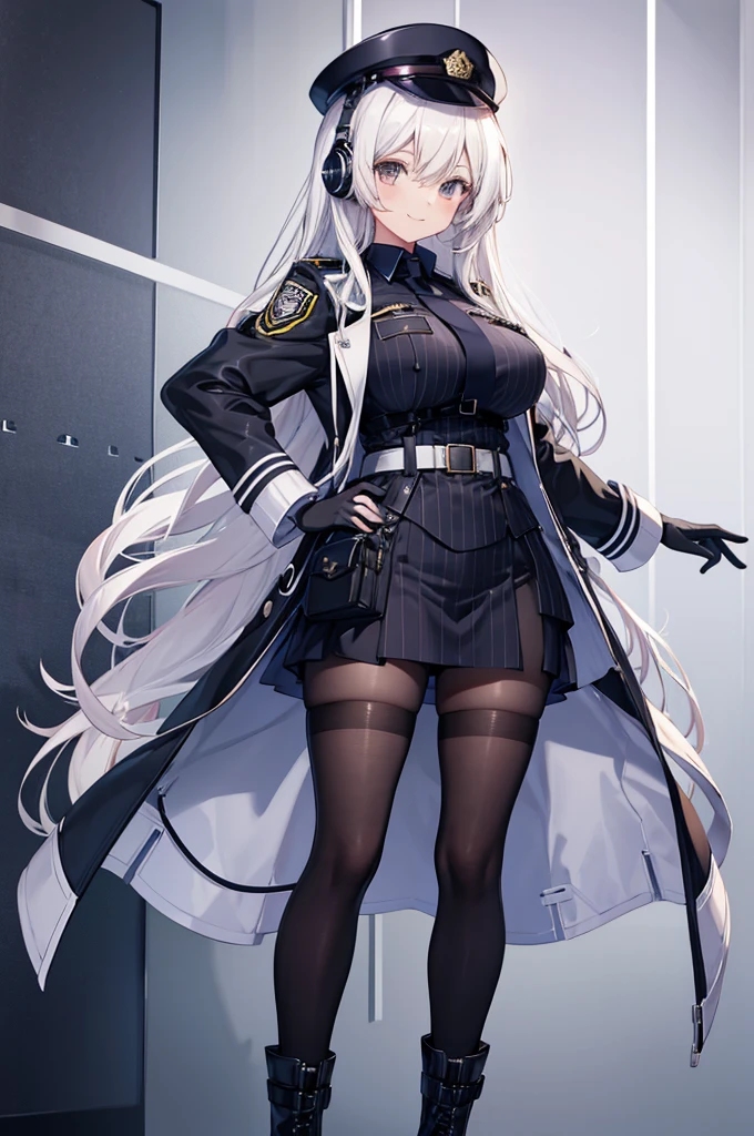 police_uniform,ankle_boots,layered,lace,tight,white_bodystocking,horizontal_stripes,long_sleeves,elbow_gloves,headset,cross,trench_coat,female,smile,huge filesize,