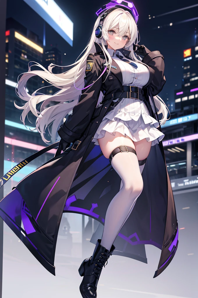 police_uniform,ankle_boots,layered,lace,tight,white_bodystocking,horizontal_stripes,long_sleeves,elbow_gloves,headset,cross,trench_coat,female,smile,huge filesize,