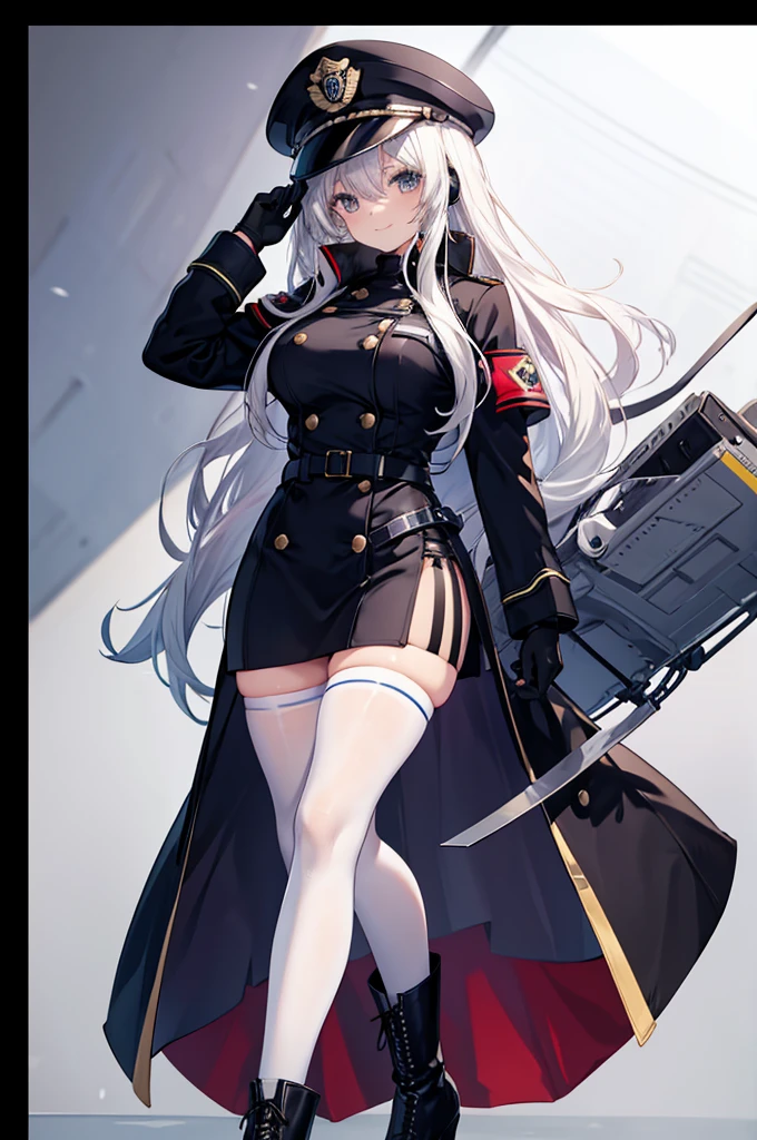 police_uniform,ankle_boots,layered,lace,tight,white_bodystocking,horizontal_stripes,long_sleeves,elbow_gloves,headset,cross,trench_coat,female,smile,huge filesize,