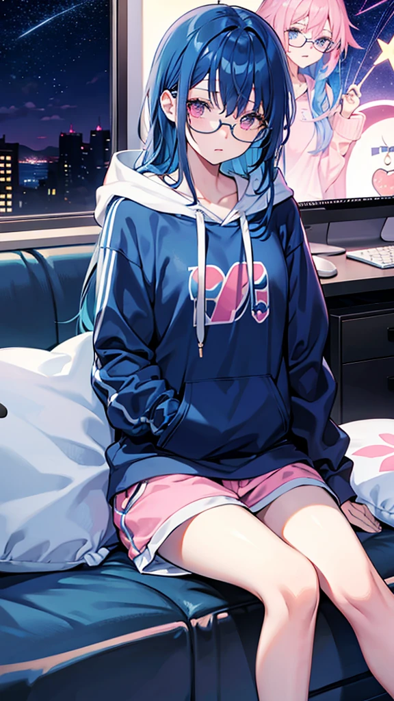 Blue Hair Straight Hair Long Hair Pink Eyes Glasses Starry Sky One girl hoodie Shorts