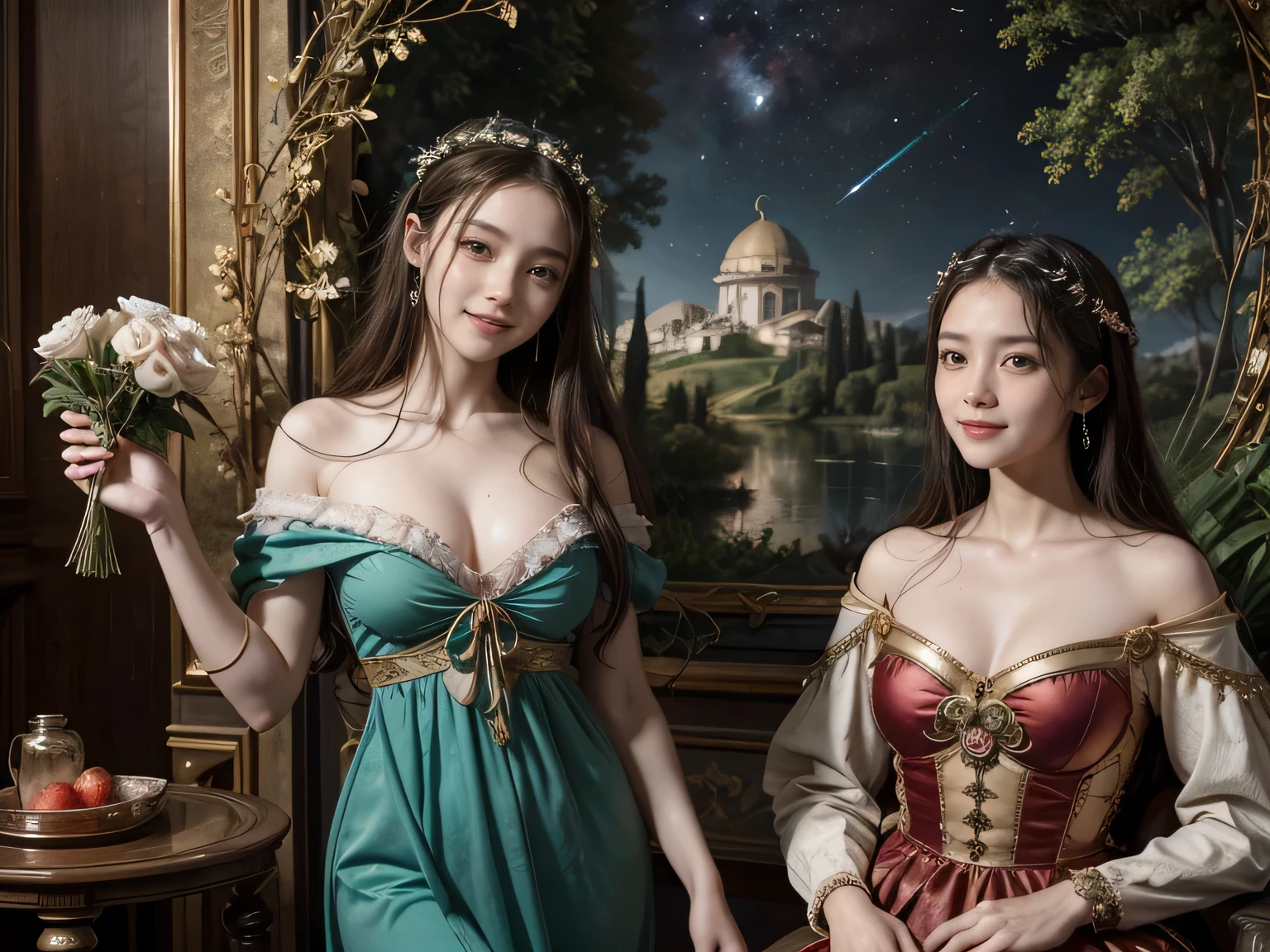 Giorgione painting style,Arguments of two female Philosophe,math、astronomical machine、astronaut、roses in vase、fruits、Cute trinkets、smile、ancient greek costume、Background is a forest lake at night 、Clothes that stretch your shoulders、A big smile、beautiful bare skin、A detailed representation of the seducing woman throughout her body.