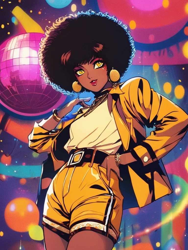 Dark-skinned Gaara em fusão Jim grey very sexy, with afro hair, adorned in perfect 1970s makeup, sparkling shorts paired with a white blouse, vibrant yellow and orange tones dominating the ensemble, colossal earring dangling, set against a dance club backdrop alive with disco balls and vintage energy, analog photography style, rich grain texture, warm color saturation, bokeh lights punctuating the background, late 70s fashion essence