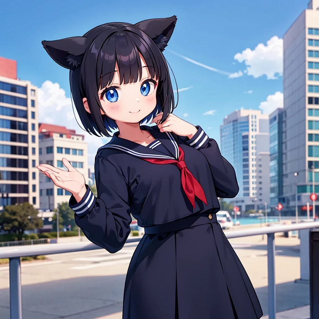 Short black hair Adult female Dog Ears Dark blue colored eyes A student wearing a navy blue sailor uniform with a red ribbon In the city Smiling, chest up