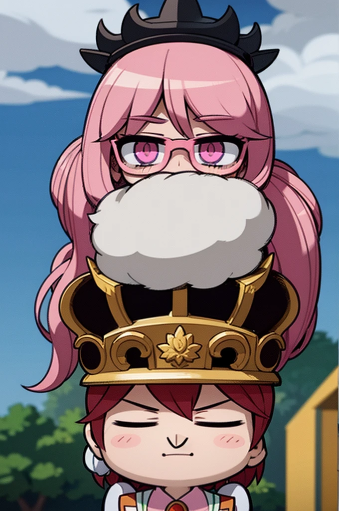cartoon girl with pink hair and glasses wearing a crown, ((pink)), Official fan art, The delicate androgynous prince, anime moe art style, beautiful androgynous prince, cute art style, Chibi style, 🍁 cute, Kawaii Chibi, ❤🔥🍄🌪, Chibi Art, Fan Art Demon Slayer Rui, cute character, Maple character art, High quality fan art