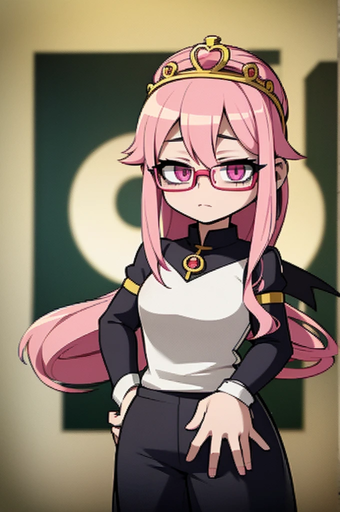 cartoon girl with pink hair and glasses wearing a crown, ((pink)), Official fan art, The delicate androgynous prince, anime moe art style, beautiful androgynous prince, cute art style, Chibi style, 🍁 cute, Kawaii Chibi, ❤🔥🍄🌪, Chibi Art, Fan Art Demon Slayer Rui, cute character, Maple character art, High quality fan art