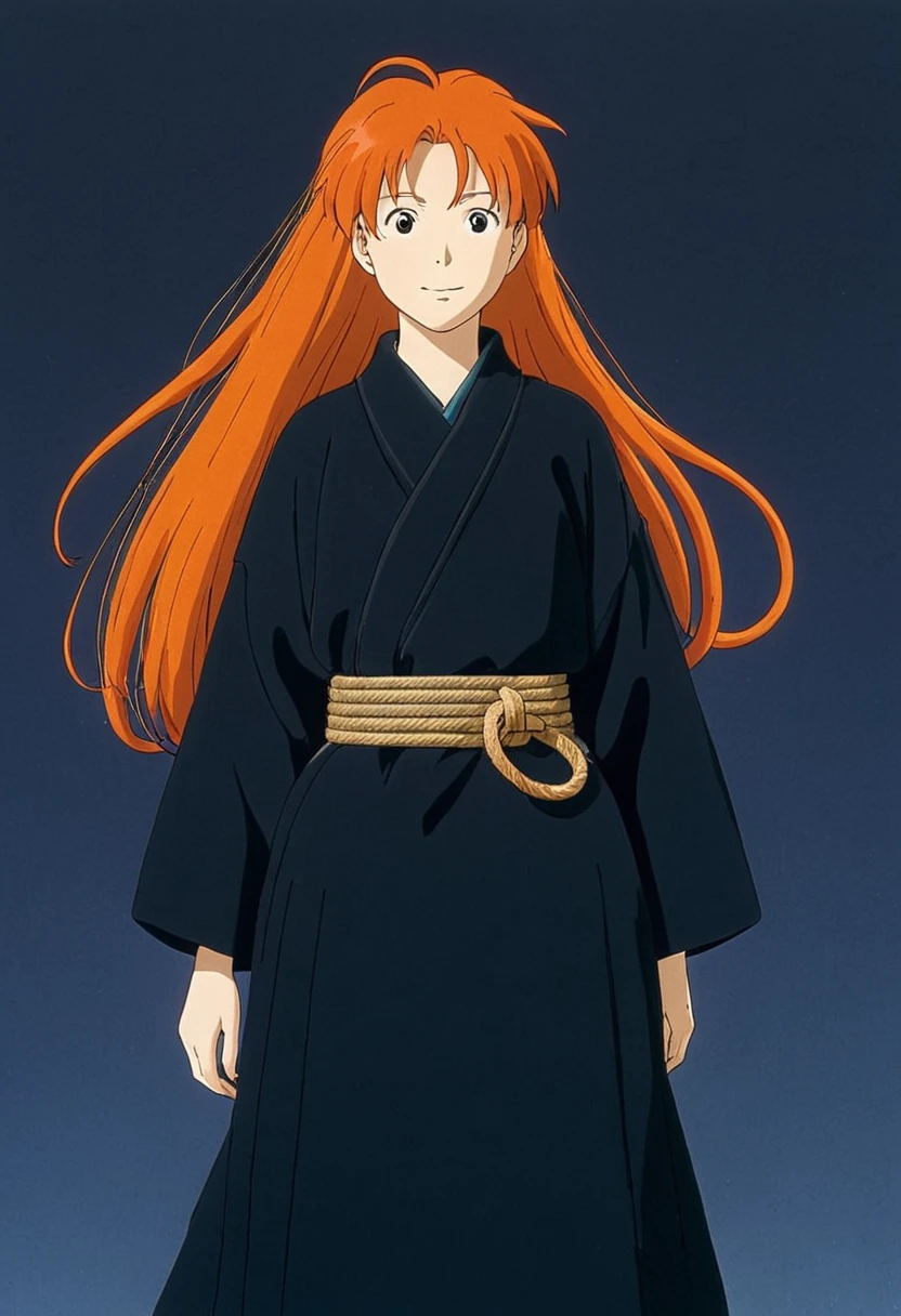 A Ghibli's studio character. With very long orange hair and dark large clothes. Her belt is a rope