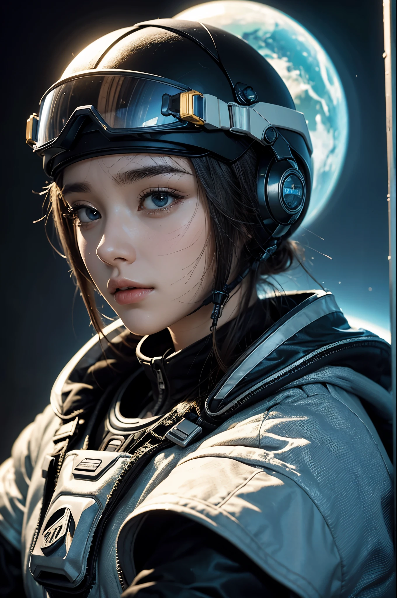 This is an illustration of a young woman with an evocative gawearing a futuristic, sci-fi inspired outfit that resembles a space suit or pilot's gear, complete with a helmet and goggles resting on her forehead. The details on the suit suggest wear and use, with text and logos indicating a fictional universe, possibly hinting at space exploration themes or competitive piloting. Her wistful expression