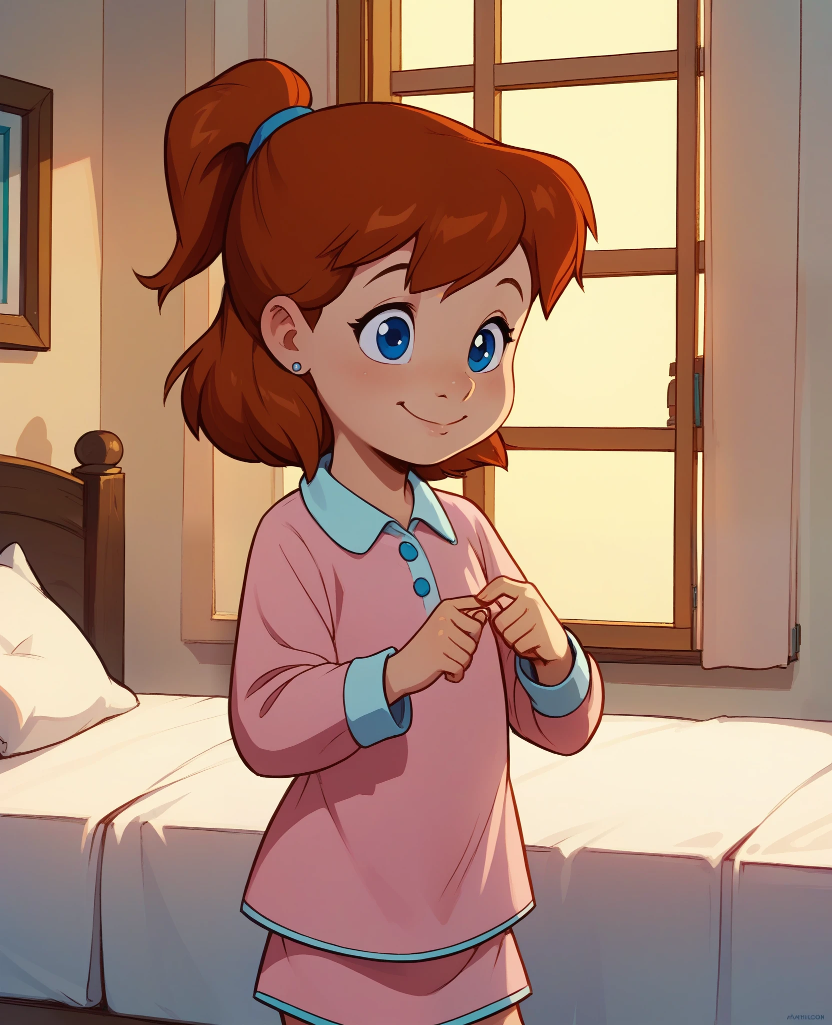 score_8, score_9, jenny, 1 girl, solo, brown hair, ponytail, blue eyes, earrings, standing, in bedroom, smile, pink pajamas dress,