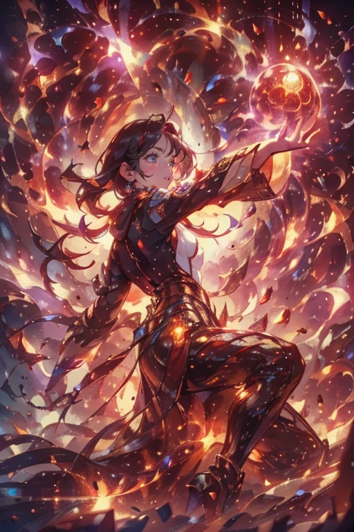 1girl,solo,cute,wizard,robe,cleavage,hold a fireball,red fireball on each hands,around fire aura,perfect hands,perfect finger,explosionmagic,glowing aura